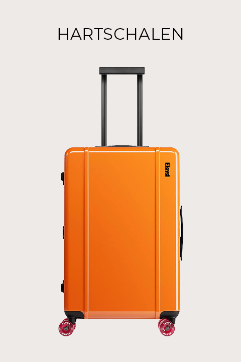 Ein leuchtend orangefarbener Hartschalenkoffer mit schwarzem Griff und rosafarbenen Rollen steht aufrecht vor einem hellen Hintergrund. Über dem Koffer steht das Wort „HARTSCHALEN“.