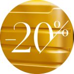 Ein gelber, kreisförmiger Hintergrund mit fettem, weißem Text, der „-20 %“ anzeigt, weist auf einen Rabatt oder ein Sonderangebot von zwanzig Prozent hin.
