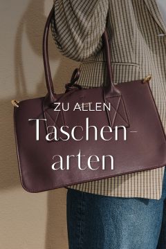 Eine Person in einem karierten Blazer und Bluejeans hält eine große burgunderfarbene Lederhandtasche. Der deutsche Text über dem Bild lautet: „Zu allen Taschenarten.“.