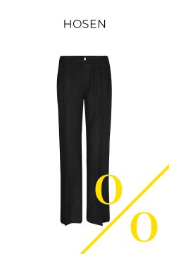 Eine schwarze Hose auf weißem Grund, darüber steht „HOSEN“. Unten rechts sind zwei große gelbe Nullen und ein diagonaler gelber Strich zu sehen.