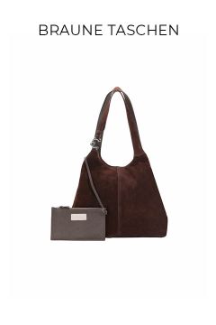 Eine braune Wildlederhandtasche mit breiten Henkeln wird zusammen mit einer kleinen, passenden braunen Tasche mit Reißverschluss ausgestellt. Der Text "BRAUNE TASCHEN" erscheint oberhalb der Taschen auf weißem Hintergrund.
