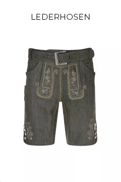 Graue, traditionelle deutsche Lederhosen mit kunstvollen weißen Stickereien, seitlichen Knöpfen, einer Frontklappe und einem Gürtel auf weißem Hintergrund mit dem Wort "Lederhosen" darüber.