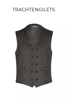 Dunkel gemusterte, traditionelle Herrenweste mit sechs Knöpfen, zwei Brusttaschen und zwei unteren Taschen auf weißem Grund mit der Aufschrift "TRACHTENGILETS" darüber.