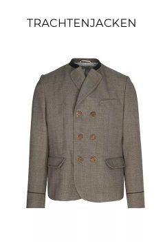Eine traditionelle bayerische Herrenjacke mit doppelreihiger Vorderseite, braunen Knöpfen und schwarzer Verzierung auf weißem Hintergrund. Das Wort "TRACHTENJACKEN" erscheint über der Jacke.
