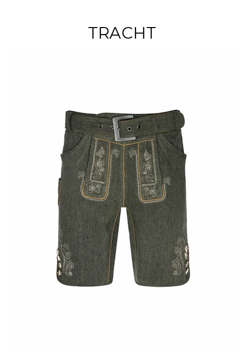 Ein Paar traditionelle dunkelgrüne Lederhosen mit gestickten Motiven und silbernen Knöpfen an der Seite, die vor einem schlichten weißen Hintergrund abgebildet sind. Das Wort "TRACHT" erscheint über der kurzen Hose.
