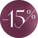 Ein dunkelvioletter Kreis mit dem Text "-15%" in großer, weißer, moderner Schrift, der auf einen Rabatt oder eine Ermäßigung von 15 Prozent hinweist.