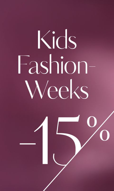 Der Text auf lila Hintergrund lautet: "Kids Fashion Weeks -15%". Der untere Teil des Bildes ist durch eine weiße diagonale Linie geteilt.