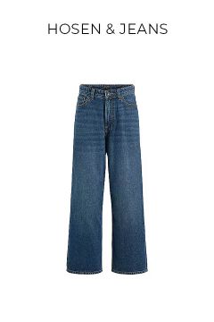 Ein Paar blaue Jeans mit hoher Taille und weitem Bein ist auf weißem Hintergrund abgebildet, darüber der Text "HOSEN & JEANS".