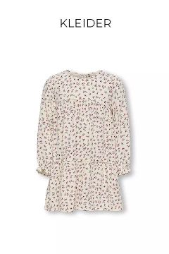 Ein cremefarbenes, langärmeliges Kleid mit kleinem rotem Blumendruck, gerüschten Manschetten und einem gestuften Rock auf weißem Hintergrund. Das Wort "KLEIDER" erscheint über dem Kleid.