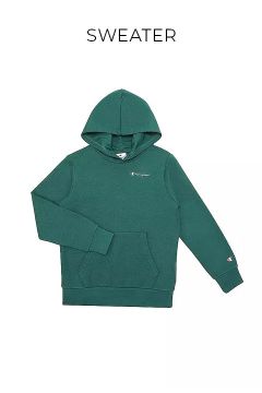Grüner Kapuzenpullover von Champion mit Vordertasche, langen Ärmeln und kleinem Champion-Logo auf der Brust und am Ärmel, flach auf weißem Hintergrund mit dem Wort "SWEATER" darüber.