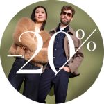 Eine elegante Frau in einer hellbraunen Pelzjacke und ein Mann mit Sonnenbrille und Jacke stehen zusammen, wobei der Text "-20%" vor einem grünen Hintergrund überlagert ist.