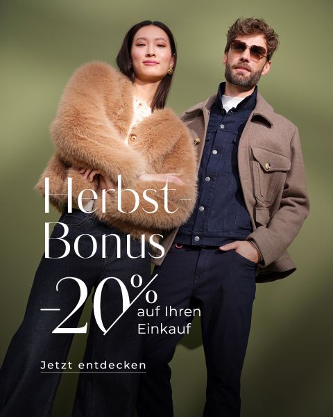Eine Frau in einem Pelzmantel und ein Mann mit Jacke und Sonnenbrille posieren selbstbewusst vor einem grünen Hintergrund. Der Text auf Deutsch lautet: "Herbst Bonus -20% auf Ihren Einkauf. Jetzt entdecken.