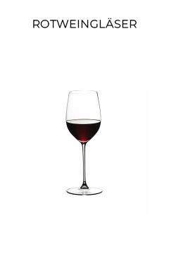 Ein halb mit Rotwein gefülltes Rotweinglas steht mittig auf einem weißen Hintergrund. Über dem Glas steht in fetten Lettern das Wort "ROTWEINGLÄSER".
