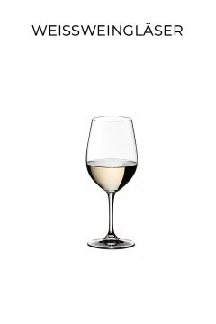Ein zur Hälfte mit Weißwein gefülltes weißes Weinglas steht mittig auf einem weißen Hintergrund. Oberhalb des Glases steht in fetten, schwarzen Großbuchstaben das Wort "WEISSWEINGLÄSER".