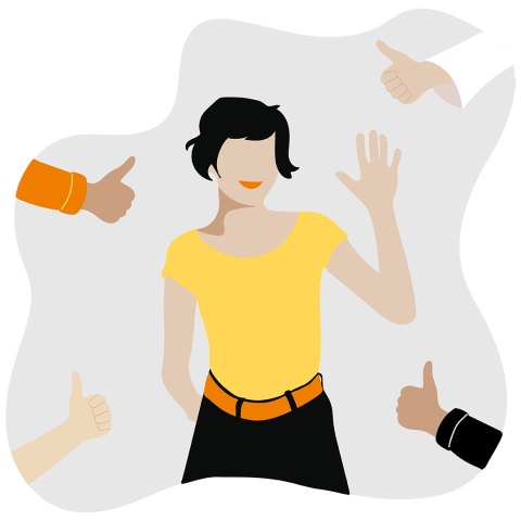 Illustration einer lächelnden Person mit kurzen schwarzen Haaren, die ein gelbes Hemd trägt und winkt. Vier Hände um sie herum machen Daumen-nach-oben-Gesten, die Zustimmung oder Unterstützung suggerieren.