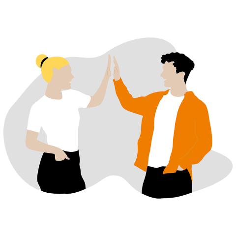 Illustration einer Frau und eines Mannes, die sich gegenseitig ein High Five geben. Die Frau hat blondes Haar in einem Dutt und trägt ein weißes Hemd und einen schwarzen Rock. Der Mann hat dunkles Haar, trägt eine orangefarbene Jacke, ein weißes Hemd und eine schwarze Hose.