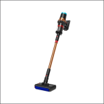Ein kabelloser Stabstaubsauger mit kupferfarbenem Saugrohr, schwarzem Motor und blauem Bürstenkopf, dargestellt vor einem schlichten weißen Hintergrund.