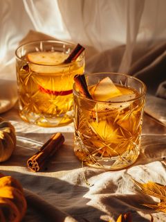Zwei Gläser mit herbstlichen Cocktails mit Apfelscheiben und Zimtstangen, auf einem weißen Tuch platziert, umgeben von Minikürbissen und Herbstblättern im warmen Sonnenlicht.