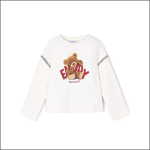 Ein weißes Langarmshirt mit einer Teddybärengrafik und dem Schriftzug "ENJOY Yourself!" in roten Buchstaben. Das Hemd hat schwarze Nähte an den Ärmeln und an den Schultern.