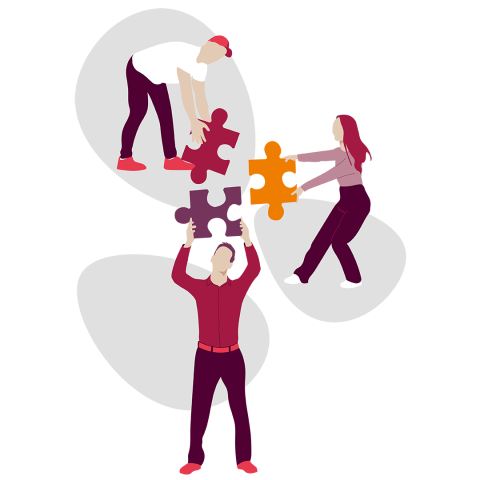 Illustration von drei Personen, die zusammenarbeiten, um große Puzzleteile zu verbinden, als Symbol für Teamwork und Zusammenarbeit. Zwei stehen auf dem Boden, während die dritte Person von oben nach unten greift.