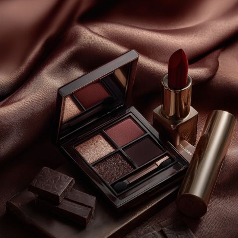 Ein luxuriöses Schminkset mit einem roten Lippenstift, einer offenen Lidschattenpalette in Braun- und Goldtönen und einem Schminkpinsel, präsentiert auf reichhaltigem braunem Satinstoff mit Schokoladenstückchen.