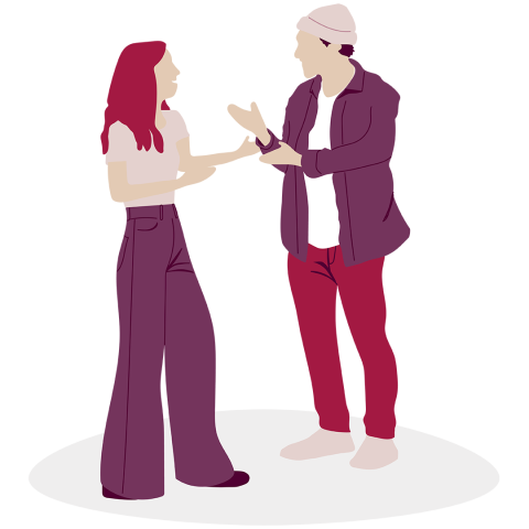 Illustration einer Frau und eines Mannes, die stehen und sich unterhalten. Die Frau hat lange Haare und trägt ein weißes Oberteil mit lila Hose, während der Mann eine Mütze, ein offenes Hemd, eine rote Hose und helle Schuhe trägt.