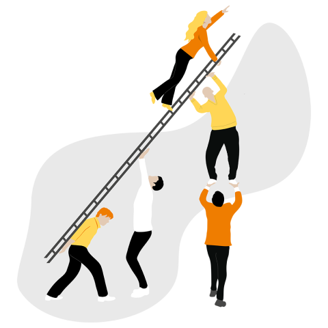 Vier Personen arbeiten zusammen, um eine Leiter hochzuhalten, während eine fünfte Person auf die Leiter klettert und nach vorne zeigt, um Teamwork und Unterstützung zu symbolisieren. Die Illustration verwendet einfache, flache Farben.