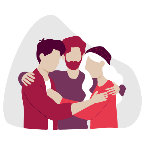 Illustration von drei eng beieinander stehenden Personen, die sich in einer Gruppenumarmung umarmen. Die Figuren haben einfache Gesichtszüge und tragen legere rote und violette Kleidung, wobei eine Person eine Mütze und eine andere lange weiße Haare trägt.
