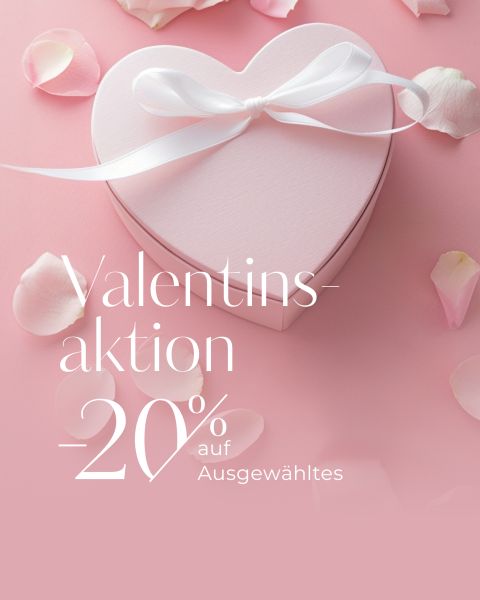 Ein rosa herzförmiger Geschenkkarton mit weißem Band, umgeben von Rosenblättern. Text: "Valentinsaktion -20% auf Ausgewähltes.