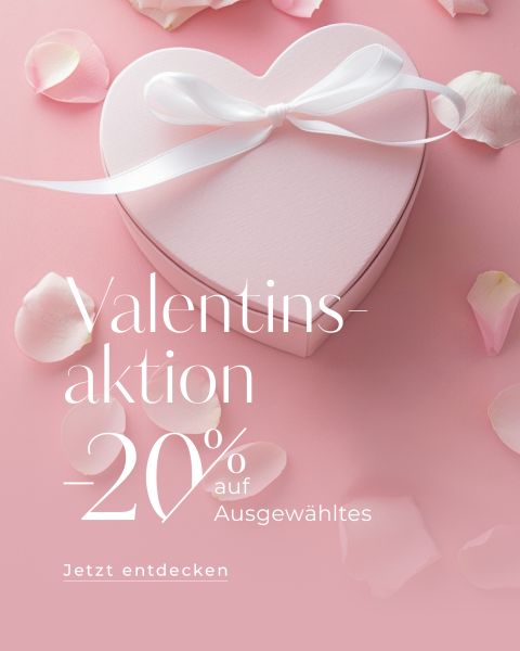 Ein herzförmiger Geschenkkarton mit weißem Band auf rosafarbener Oberfläche, umgeben von Rosenblättern. Der Text bietet einen 20%igen Valentinsrabatt auf Deutsch.
