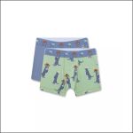 Zwei Paar Boxershorts für Jungen, eine blaue mit Otter-Motiv, eine grüne mit Ottern, die Hüte und Brillen tragen, präsentiert vor einem weißen Hintergrund.