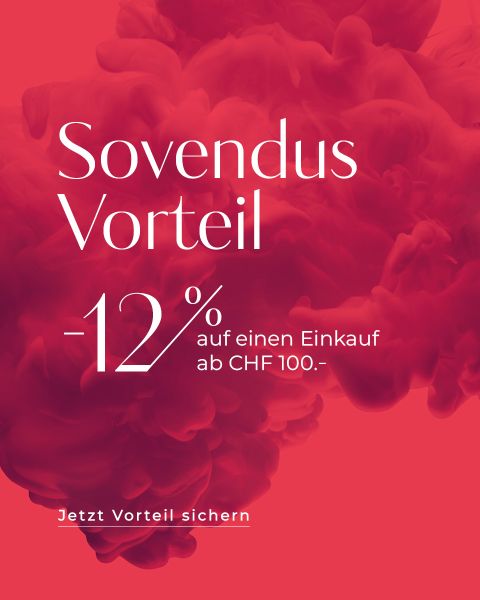 Roter Hintergrund mit rosa Rauch. Weißer Text: "Sovendus Vorteil -12% auf einen Einkauf ab CHF 100.- Jetzt Vorteil sichern.
