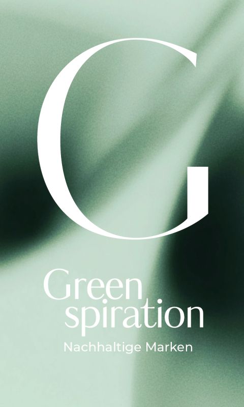 Großes weißes "G" auf grünem abstraktem Hintergrund mit dem Text "Green spiration Nachhaltige Marken" darunter.