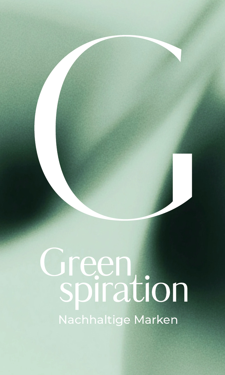 Großes weißes "G" auf grünem abstraktem Hintergrund mit dem Text "Green spiration Nachhaltige Marken" darunter.