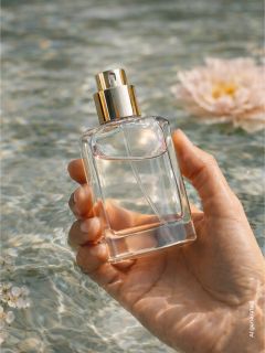 Eine Hand hält einen gläsernen Parfümflakon mit goldenem Verschluss über klarem Wasser mit einer schwimmenden rosa Blume.