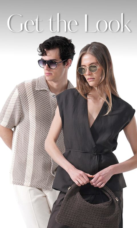 Ein Mann und eine Frau mit modischen Sonnenbrillen und trendigen Outfits posieren unter dem Text "Get the Look" auf einem weißen Hintergrund.