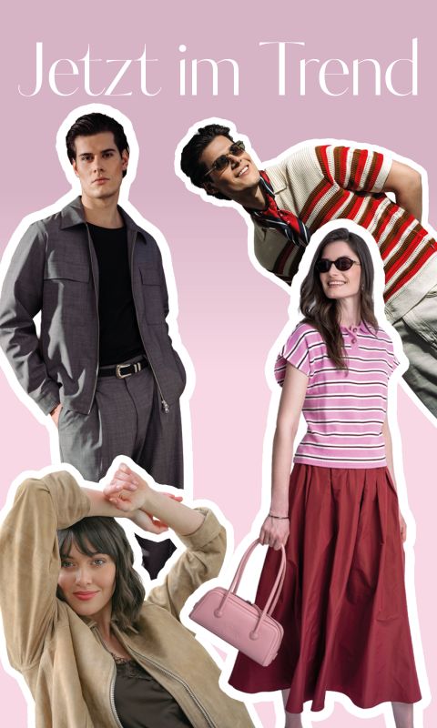 Vier stylische junge Erwachsene in trendigen Outfits posieren vor einem rosa Hintergrund mit Farbverlauf und dem deutschen Text "Jetzt im Trend" am oberen Rand.