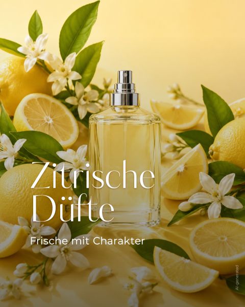 Ein Parfümflakon, umgeben von Zitronen, Zitronenscheiben und weißen Blüten auf gelbem Hintergrund. Text: „Zitrische Düfte – Frische mit Charakter.“.