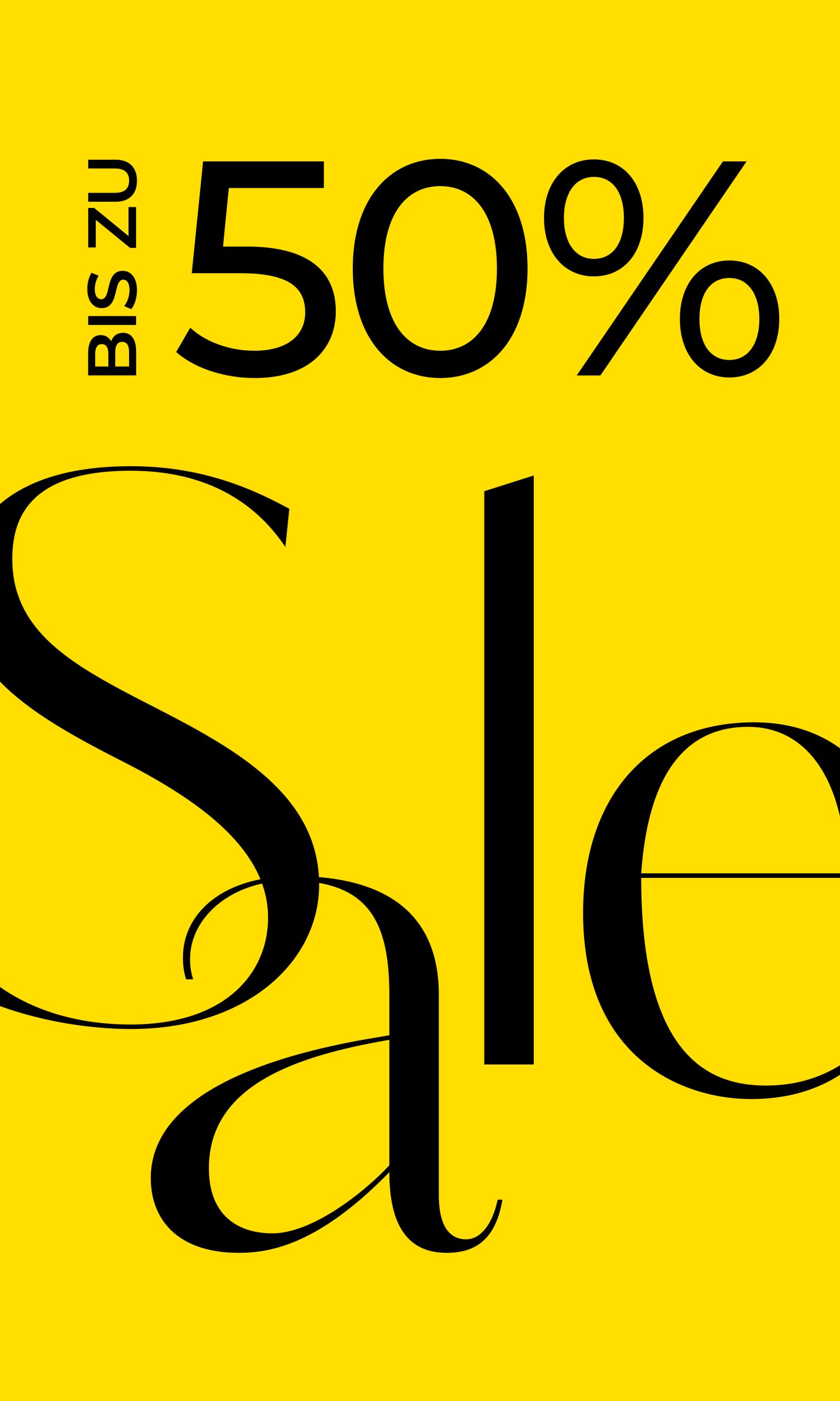 Gelber Hintergrund mit fetter schwarzer Schrift: „BIS ZU 50 % Rabatt“, was auf einen Rabatt von bis zu 50 % hinweist.