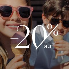 Zwei Kinder mit Sonnenbrillen essen Eistüten. Über dem Bild steht in weißer Schrift „-20 % auf“.