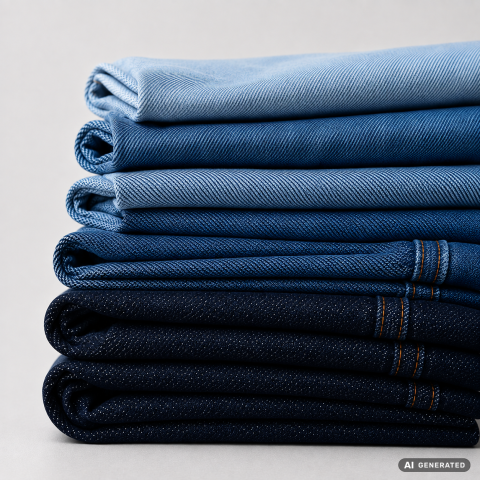 Ein Stapel gefalteter Jeans in verschiedenen Blautönen, von hell bis dunkel, vor einem neutralen Hintergrund.