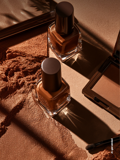 Zwei Fläschchen mit braunem Nagellack und eine geöffnete Puderdose mit Bronzer auf einer strukturierten braunen Oberfläche, mit dramatischen Schatten.