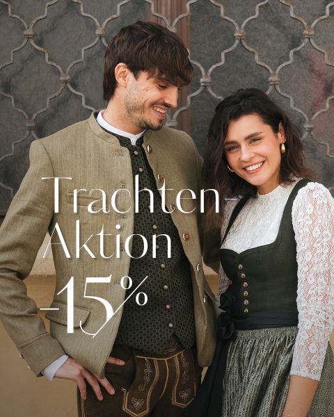 Ein lächelnder Mann und eine lächelnde Frau in bayerischer Tracht stehen nebeneinander. Der Text lautet: „Trachten-Aktion – 15 %“.