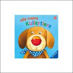 Umschlag eines Kinderbuchs mit einem Cartoon-Hund, der einen blauen Schal und eine rote Nase trägt, mit dem Titel „Alle meine Kullertiere“ auf blauem Hintergrund.