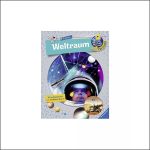 Umschlag eines Kinderbuchs mit dem Titel „Weltraum“ und Weltraummotiven, darunter Planeten, ein Satellit, das Gesicht eines Astronauten und ein Marsrover.
