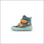 Ein blauer und helltürkisfarbener Kinder-Sneaker-Stiefel mit zwei orangefarbenen Klettverschlüssen, abgebildet auf weißem Hintergrund.