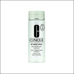Clinique All About Clean – extra-milde flüssige Gesichtsseife in einer Flasche vor weißem Hintergrund, mit der Angabe „für sehr trockene bis trockene Haut“.