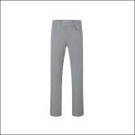 Graue Hose mit geradem Bein, Vordertaschen und Knopfverschluss, abgebildet vor weißem Hintergrund.
