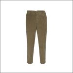 Olivgrüne Cordhose mit Knopf- und Reißverschluss, Vordertaschen und geradem Bein, dargestellt auf weißem Hintergrund.