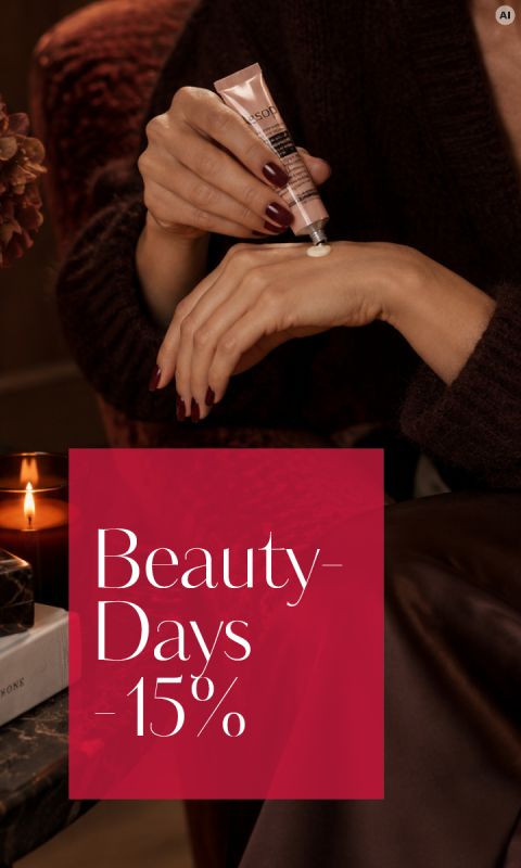 Eine Person cremt sich die Hand ein, darüber steht in roter Schrift: „Beauty-Days – 15 %“. Daneben stehen eine brennende Kerze und ein Buch.